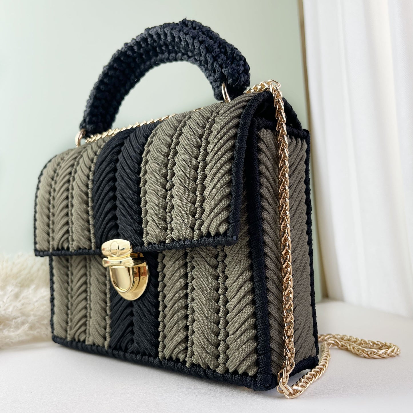 Handmade cord woven handbag CW-Moss green mixed with black