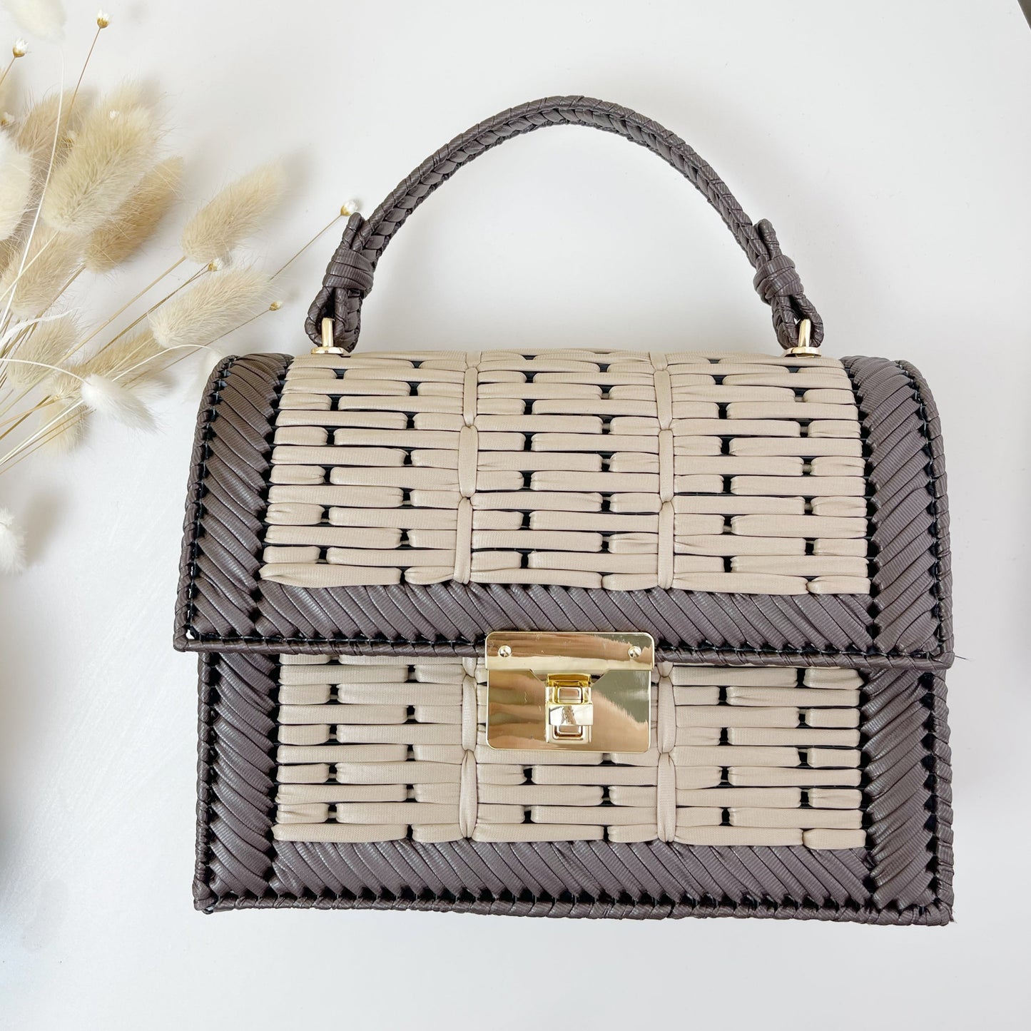 Handmade Faux Leather Woven Bag FL-beige mixed with brown