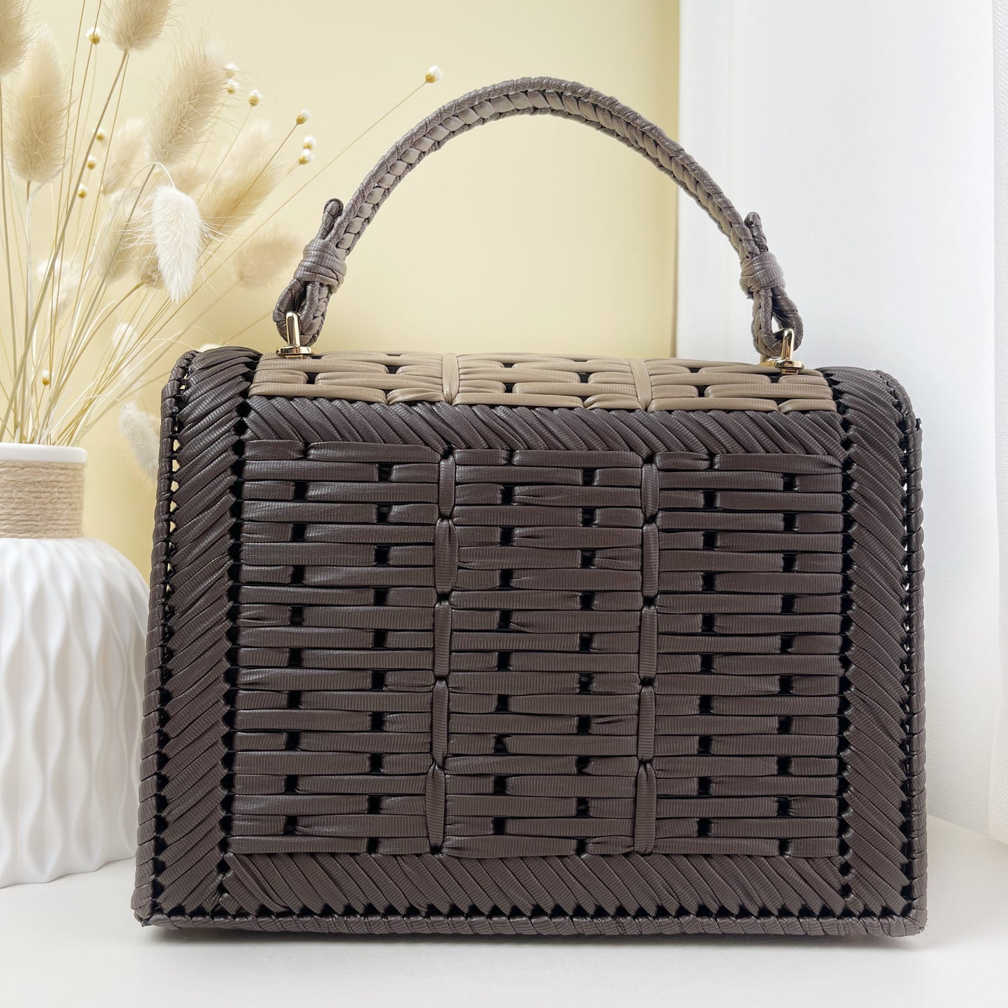 Handmade Faux Leather Woven Bag FL-beige mixed with brown