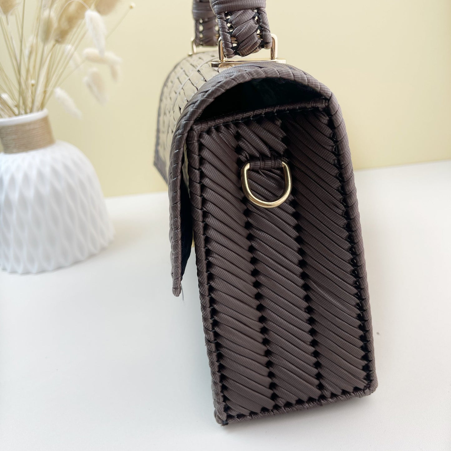 Handmade Faux Leather Woven Bag FL-beige mixed with brown