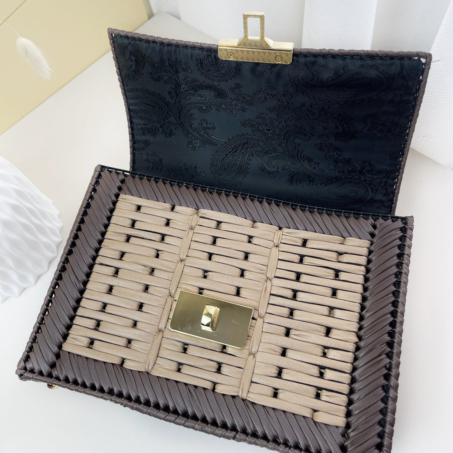 Handmade Faux Leather Woven Bag FL-beige mixed with brown