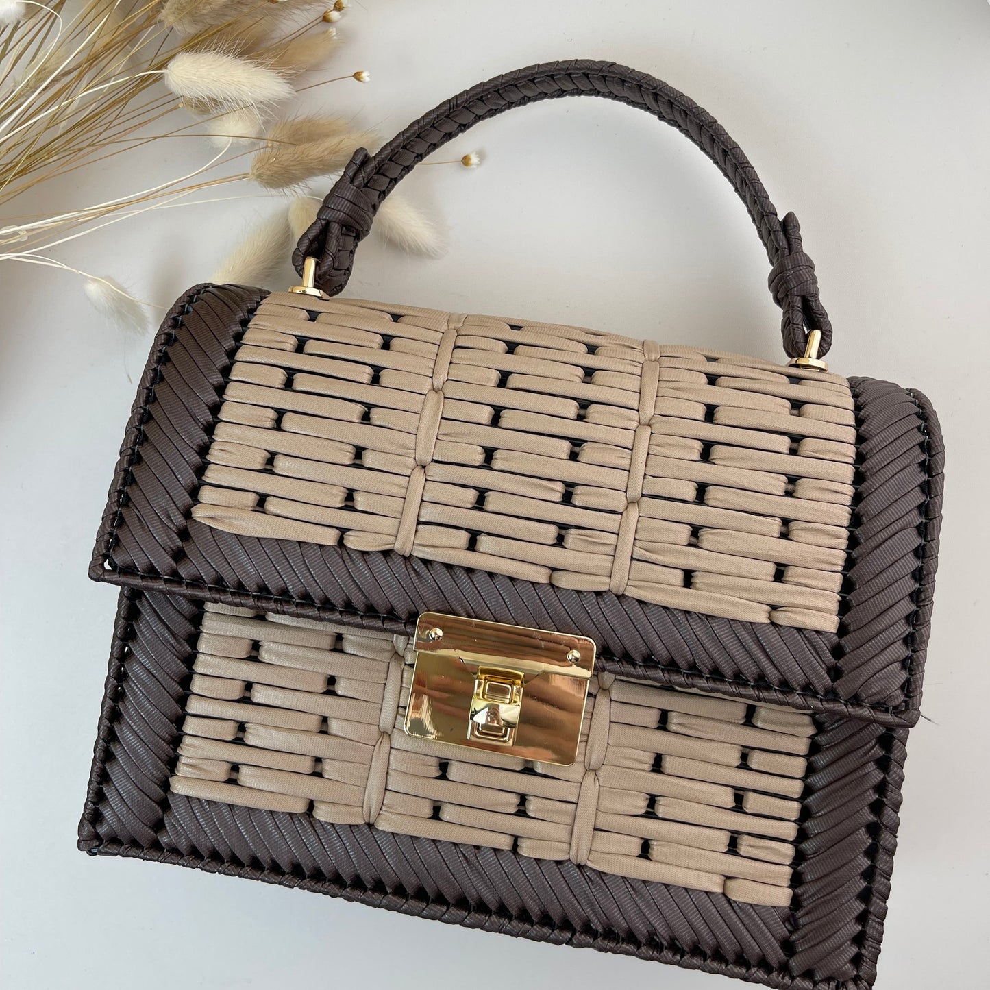 Handmade Faux Leather Woven Bag FL-beige mixed with brown
