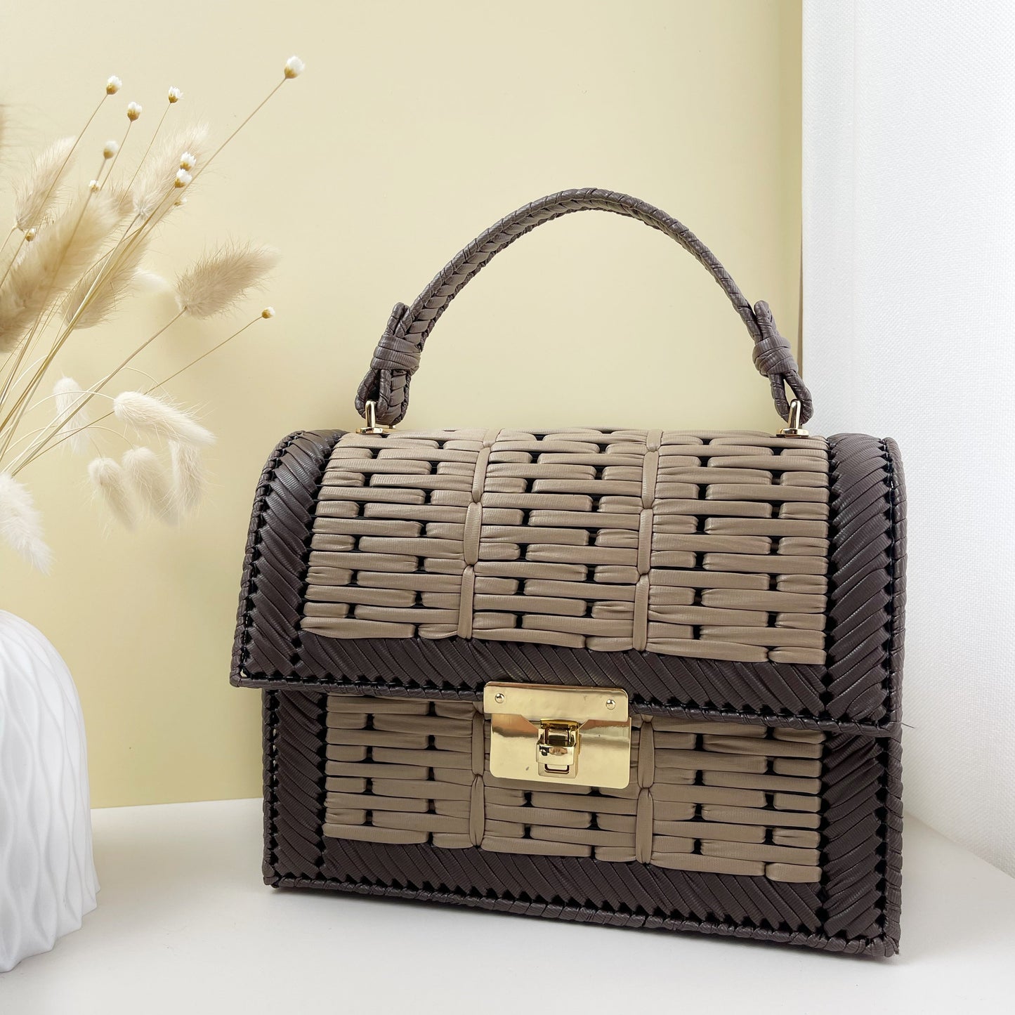 Handmade Faux Leather Woven Bag FL-beige mixed with brown