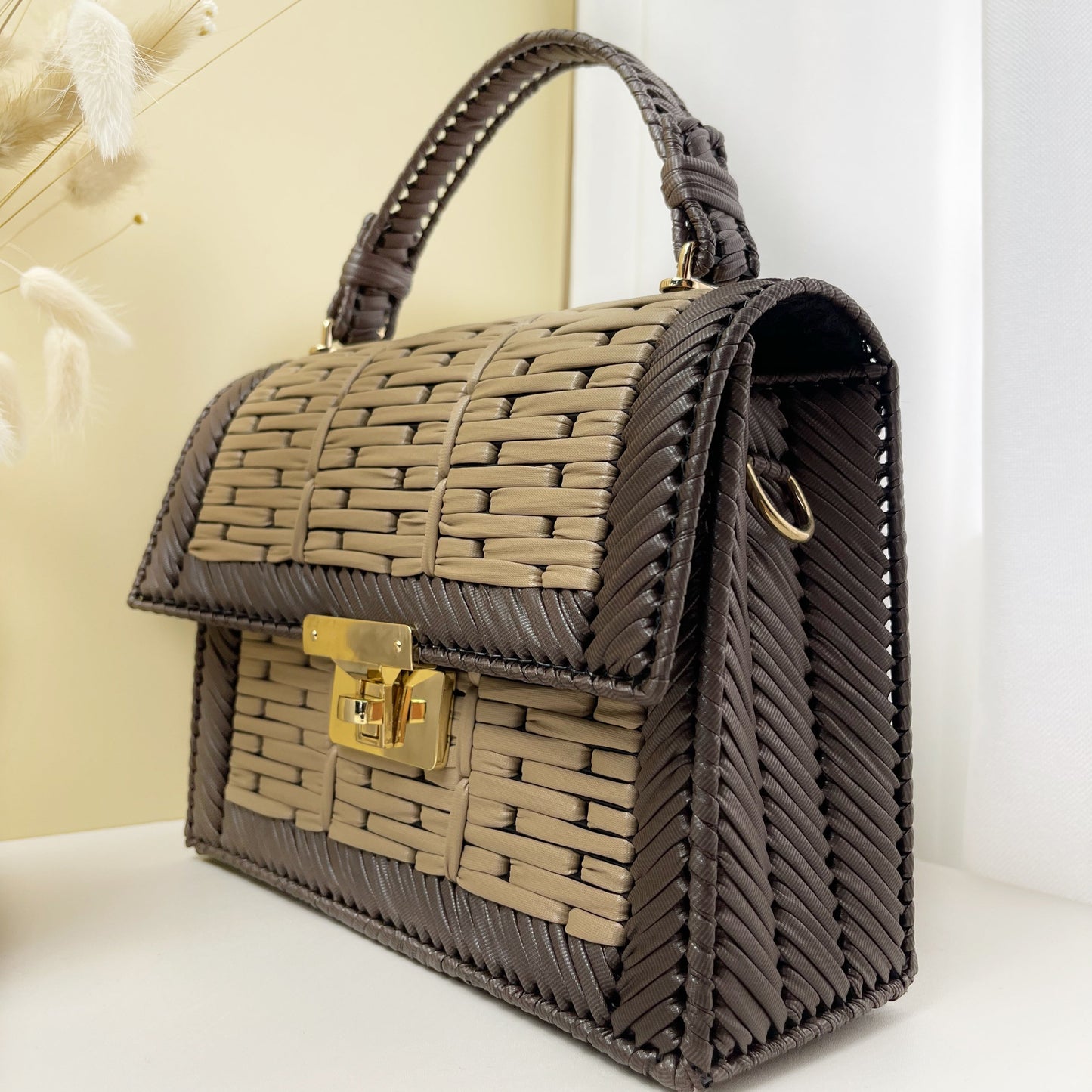 Handmade Faux Leather Woven Bag FL-beige mixed with brown