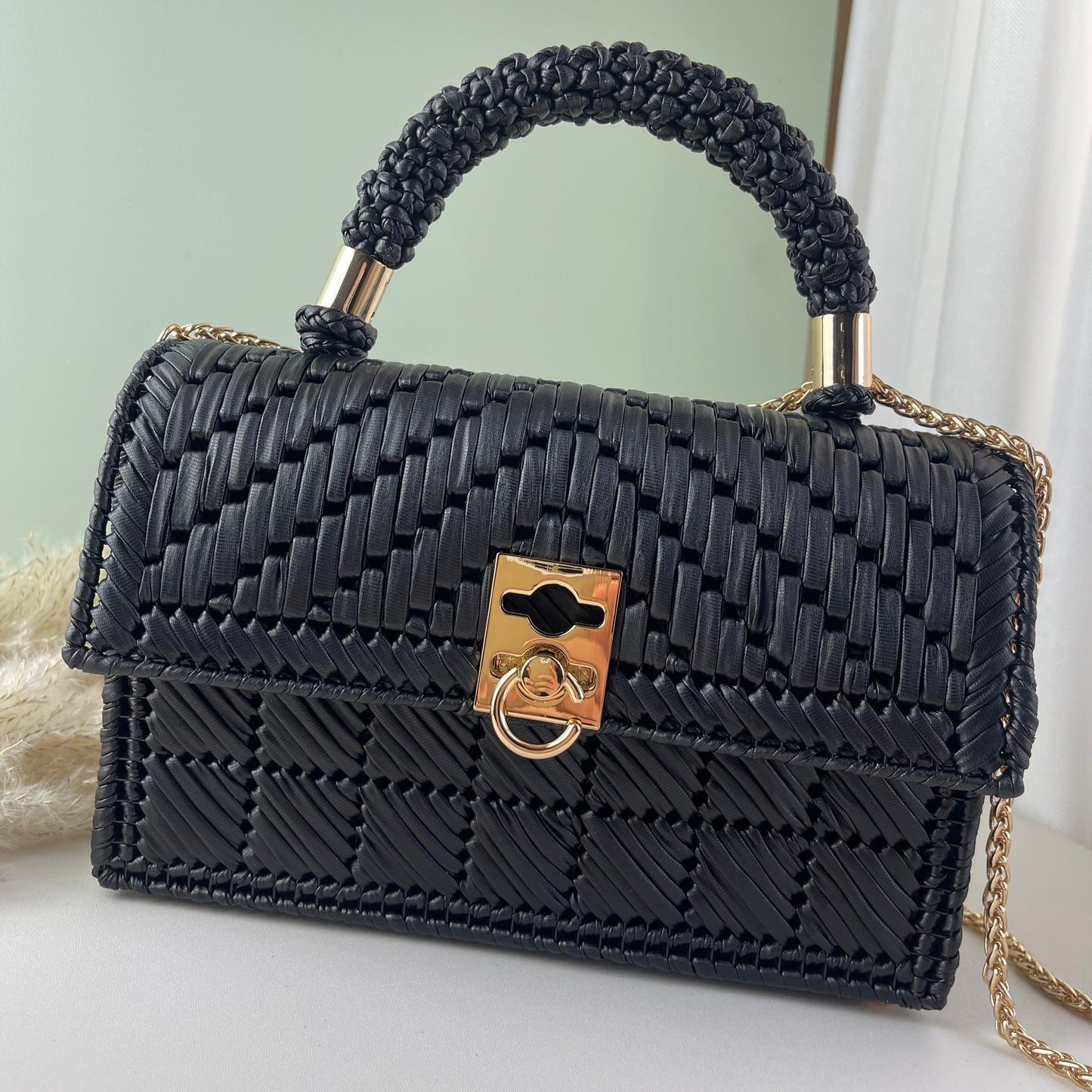 Handmade Faux Leather Woven Bag FL-Black
