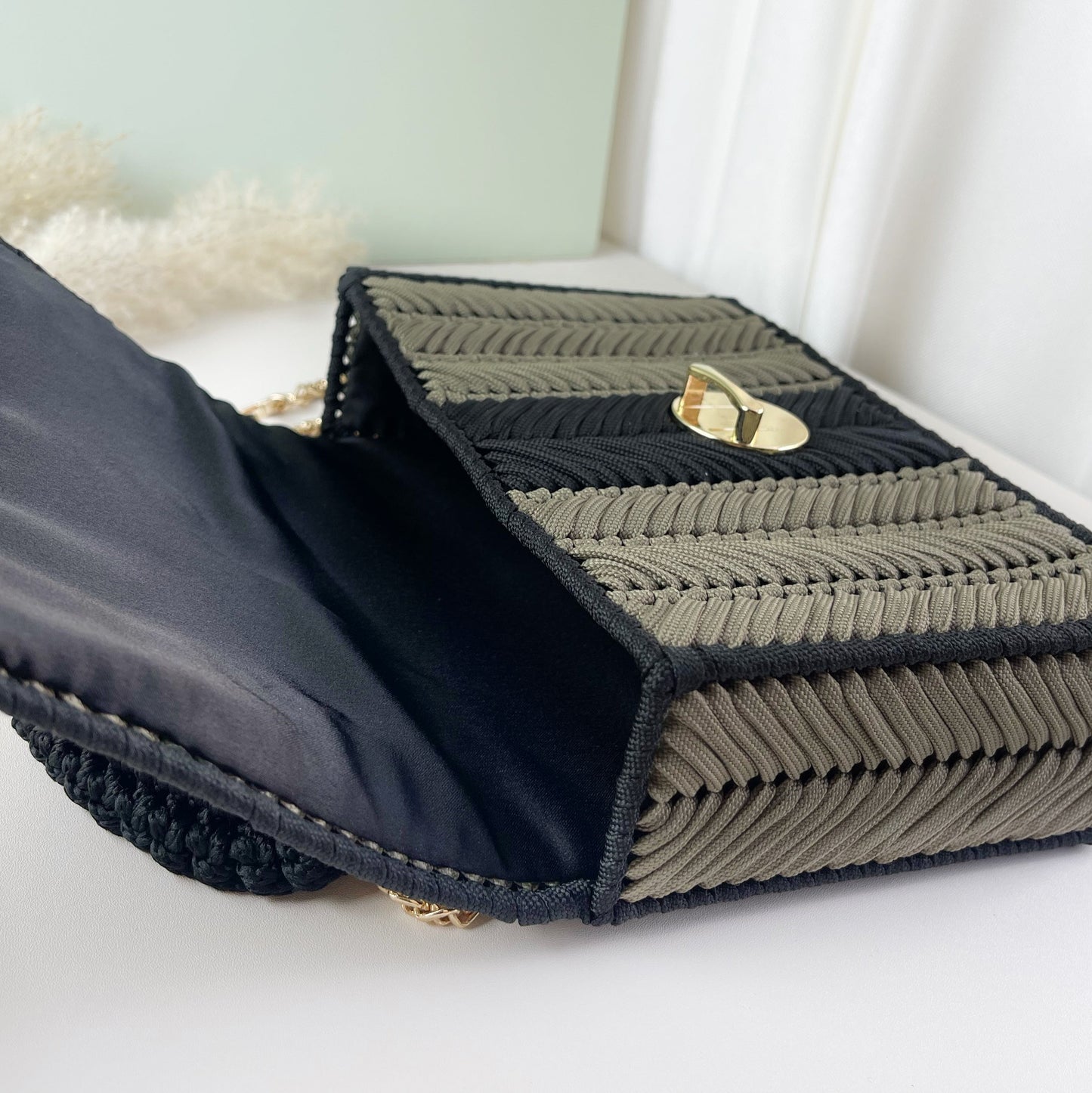 Handmade cord woven handbag CW-Moss green mixed with black