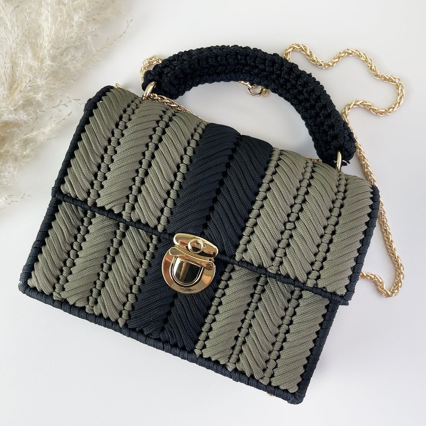 Handmade cord woven handbag CW-Moss green mixed with black