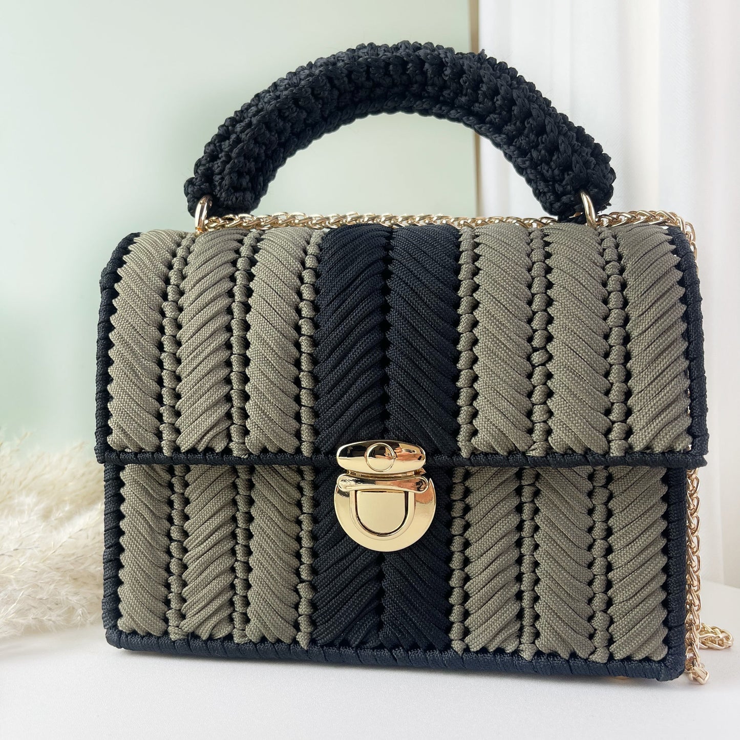 Handmade cord woven handbag CW-Moss green mixed with black