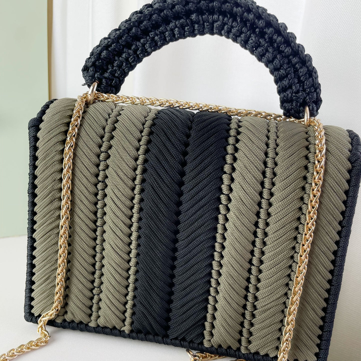 Handmade cord woven handbag CW-Moss green mixed with black